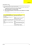 Page 83Chapter 486
Use the following procedure as a guide for computer problems.
NOTE: The diagnostic tests are intended to test only Acer products. Non-Acer products, prototype cards, or 
modified options can give false errors and invalid system responses.
1.Obtain the failing symptoms in as much detail as possible.
2.Verify the symptoms by attempting to re-create the failure by running the diagnostic test or by repeating 
the same operation.
3.Use the following table with the verified symptom to determine...