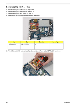 Page 10898Chapter 3
Removing the VGA Module
1.See “Removing the Battery Pack” on page 50.
2.See “Removing the Upper Cover” on page 72.
3.See “Removing the Main Board” on page 92.
4.Remove the two securing screws from the VGA Module.
5.The VGA module lifts automatically from the mainboard. Remove the VGA Module as shown.
StepSizeQuantityScrew Type
VGA Module M2*4-NI (NL) 2 