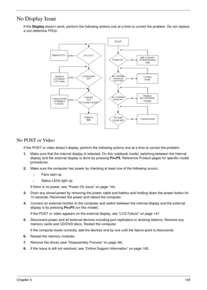 Page 155Chapter 4145
No Display Issue
If the Display doesn’t work, perform the following actions one at a time to correct the problem. Do not replace 
a non-defective FRUs:
No POST or Video
If the POST or video doesn’t display, perform the following actions one at a time to correct the problem.
1.Make sure that the internal display is selected. On this notebook model, switching between the internal 
display and the external display is done by pressing Fn+F5. Reference Product pages for specific model...