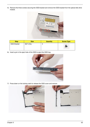 Page 73Chapter 363
5.Remove the three screws securing the ODD bracket and remove the ODD bracket from the optical disk drive 
module.
 
6.Insert a pin in the eject hole of the ODD to eject the ODD tray.
7.Press down on the locking catch to release the ODD cover and remove.
 
StepSizeQuantityScrew Type
ODD Bracket M2*3 (NL) 3 