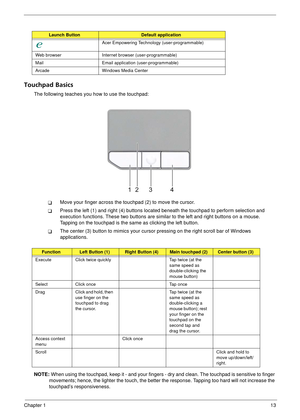 Page 19Chapter 113
Touchpad Basics
The following teaches you how to use the touchpad:
TMove your finger across the touchpad (2) to move the cursor. 
TPress the left (1) and right (4) buttons located beneath the touchpad to perform selection and 
execution functions. These two buttons are simila r to the left and right buttons on a mouse. 
Tapping on the touchpad is the sa me as clicking the left button.
TThe center (3) button to mimics your cursor  pressing on the right scroll bar of Windows 
applications....