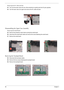 Page 68
64Chapter 3
Removing the DC Cable and Jack
23.Turn over the lower case and use a flat scr ewdriver to gently push the DC jack upwards.
24. Turn the lower case over again and remove the DC cable and jack.
Disassembling the Upper Case Assembly
Removing the Email Board
25.Remove the protective mylar sheet covering the email board.
26. Disconnect the email board cable and remove the screw fastening the email board.
27. Remove the email board.
Removing the Touchpad Board
28.Disconnect the touchpad cables....