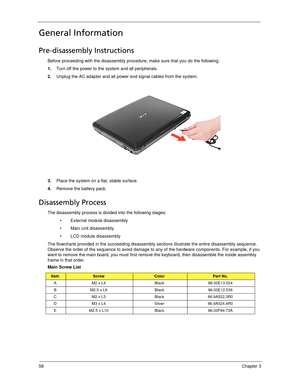 Page 6858Chapter 3
General Information
Pre-disassembly Instructions
Before proceeding with the disassembly procedure, make sure that you do the following:
1.Turn off the power to the system and all peripherals.
2.Unplug the AC adapter and all power and signal cables from the system. 
3.Place the system on a flat, stable surface. 
4.Remove the battery pack.
Disassembly Process
The disassembly process is divided into the following stages:
 External module disassembly
 Main unit disassembly
 LCD module...