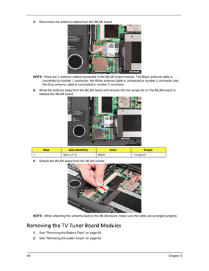 Page 7464Chapter 3
3.Disconnect the antenna cables from the WLAN board. 
NOTE: There are 3 antenna cables connected to the WLAN board module. The Black antenna cable is 
connected to number 1 connector, the White antenna cable is connected to number 2 connector and 
the Gray antenna cable is connected to number 3 connector.
4.Move the antenna away from the WLAN board and remove the one screw (A) on the WLAN board to 
release the WLAN board.   
5.Detach the WLAN board from the WLAN socket. 
NOTE:  When attaching...