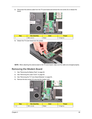 Page 75Chapter 365
3.Disconnect the antenna cable from the TV tuner board and remove the one screw (A) to release the 
board. 
4.Detach the TV tuner board from the socket. 
NOTE:  When attaching the antenna back to the TV tuner board, make sure the cable are arranged properly. 
Removing the Modem Board 
1.See “Removing the Battery Pack” on page 60.
2.See “Removing the Lower Cover” on page 62.
3.See “Removing the TV Tuner Board Modules” on page 64..
4.Remove the two screws (A) securing the modem card.
StepSize...