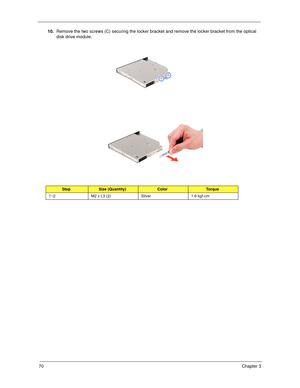 Page 8070Chapter 3
10.Remove the two screws (C) securing the locker bracket and remove the locker bracket from the optical 
disk drive module.   
StepSize (Quantity)ColorTo r q u e
1~2 M2 x L3 (2) Silver 1.6 kgf-cm 