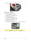 Page 89Chapter 379
6.Remove the VGA board from the main board.
Removing the LCD Module
1.See “Removing the Battery Pack” on page 60.
2.See “Removing the SD dummy card” on page 61.
3.See “Removing the ExpressCard dummy card” on page 61.
4.See “Removing the Lower Cover” on page 62.
5.See “Removing the DIMM” on page 63.
6.See “Removing the WLAN Board Modules” on page 63.
7.See “Removing the TV Tuner Board Modules” on page 64.
8.See “Removing the Hard Disk Drive Module” on page 66.
9.See “Removing the Keyboard” on...