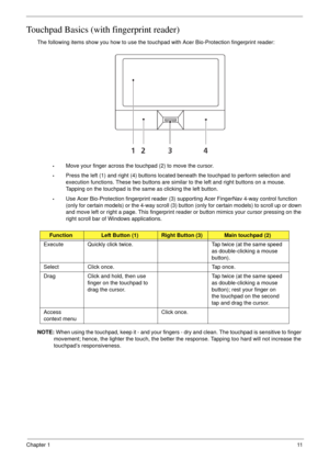 Page 21Chapter 111
Touchpad Basics (with fingerprint reader)
The following items show you how to use the touchpad with Acer Bio-Protection fingerprint reader:
•Move your finger across the touchpad (2) to move the cursor.
•Press the left (1) and right (4) buttons located beneath the touchpad to perform selection and 
execution functions. These two buttons are similar to the left and right buttons on a mouse. 
Tapping on the touchpad is the same as clicking the left button.
•Use Acer Bio-Protection fingerprint...