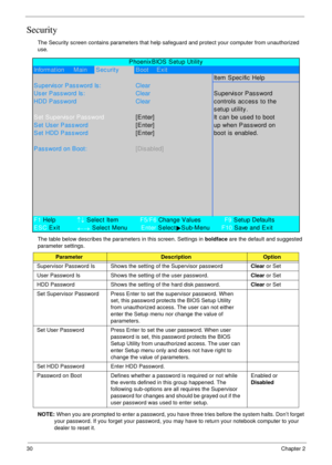 Page 4030Chapter 2
Security
The Security screen contains parameters that help safeguard and protect your computer from unauthorized 
use.
The table below describes the parameters in this screen. Settings in boldface are the default and suggested 
parameter settings.
NOTE: When you are prompted to enter a password, you have three tries before the system halts. Don’t forget 
your password. If you forget your password, you may have to return your notebook computer to your 
dealer to reset it....