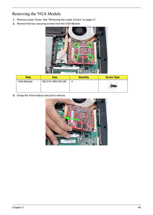 Page 59Chapter 349
Removing the VGA Module
1.Remove Lower Cover. See “Removing the Lower Covers” on page 47.
2.Remove the four securing screws from the VGA Module.
3.Grasp the VGA module and pull to remove.
StepSizeQuantityScrew Type
VGA Module M2.5*8-I BNI NYLOK 4 