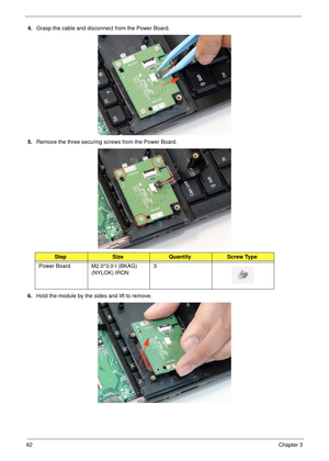 Page 7262Chapter 3
4.Grasp the cable and disconnect from the Power Board.
5.Remove the three securing screws from the Power Board.
6.Hold the module by the sides and lift to remove.
StepSizeQuantityScrew Type
Power Board M2.0*3.0-I (BKAG) 
(NYLOK) IRON3 