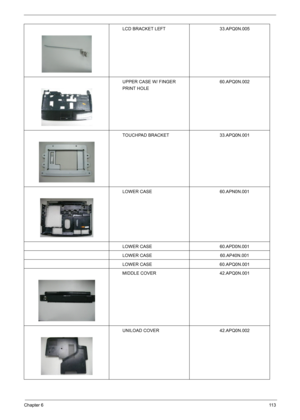 Page 115Chapter 611 3
LCD BRACKET LEFT 33.APQ0N.005
UPPER CASE W/ FINGER 
PRINT HOLE60.APQ0N.002
TOUCHPAD BRACKET 33.APQ0N.001
LOWER CASE 60.APN0N.001
LOWER CASE 60.APD0N.001
LOWER CASE 60.AP40N.001
LOWER CASE 60.APQ0N.001
MIDDLE COVER 42.APQ0N.001
UNILOAD COVER 42.APQ0N.002 