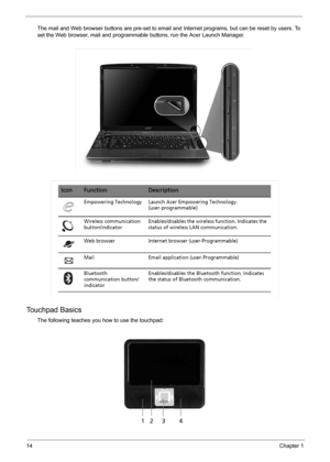 Page 2014Chapter 1
The mail and Web browser buttons are pre-set to email and Internet programs, but can be reset by users. To 
set the Web browser, mail and programmable buttons, run the Acer Launch Manager.
Touchpad Basics
The following teaches you how to use the touchpad: 