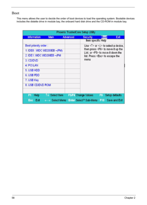 Page 5858Chapter 2
Boot
This menu allows the user to decide the order of boot devices to load the operating system. Bootable devices 
includes the distette drive in module bay, the onboard hard disk drive and the CD-ROM in module bay. 