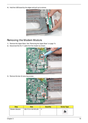 Page 89Chapter 379
4.Hold the USB board by the edges and pull up to remove.
Removing the Modem Module
1.Remove the Upper Base. See “Removing the Upper Base” on page 74.
2.Disconnect the RJ-11 cable from the modem as shown.
3.Remove the two (2) securing screws.
StepSizeQuantityScrew Type
Modem Module M2.0*3.0-I-NI-NYLOK 2 