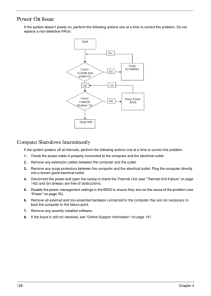 Page 138128Chapter 4
Power On Issue
If the system doesn’t power on, perform the following actions one at a time to correct the problem. Do not 
replace a non-defective FRUs:
Computer Shutsdown Intermittently
If the system powers off at intervals, perform the following actions one at a time to correct the problem.
1.Check the power cable is properly connected to the computer and the electrical outlet. 
2.Remove any extension cables between the computer and the outlet.
3.Remove any surge protectors between the...