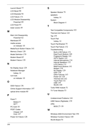 Page 210200
Launch Board 77
LCD Bezel 90
LCD Brackets 94
LCD Failure 131
LCD Module Disassembly
Flowchart
 89
LCD Panel 93
lower covers 49
M
Main Unit Disassembly
Flowchart
 62
Mainboard 85
media access
on indicator
 10
MediaTouch Button Failure 141
Memory Check 128
Model Definition 170
Modem Board 65
Modem Failure 139
N
No Display Issue 129
Notebook Manager
hotkey
 14
num lock
on indicator
 10
O
ODD Failure 136
Online Support Information 197
optical drive module 60
P
Panel 5
Bottom 9
left 5
PC Card 10
POST...