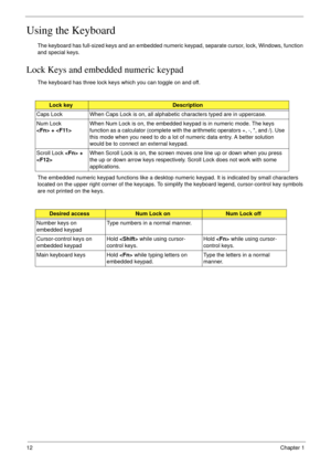 Page 2212Chapter 1
Using the Keyboard
The keyboard has full-sized keys and an embedded numeric keypad, separate cursor, lock, Windows, function 
and special keys.
Lock Keys and embedded numeric keypad
The keyboard has three lock keys which you can toggle on and off.
The embedded numeric keypad functions like a desktop numeric keypad. It is indicated by small characters 
located on the upper right corner of the keycaps. To simplify the keyboard legend, cursor-control key symbols 
are not printed on the keys....