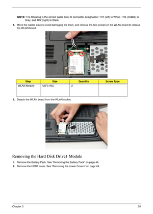 Page 65Chapter 355
NOTE: The following is the correct cable-color to connector  designation: TR1 (left) to White, TR3 (middle) to 
Gray, and TR2 (right) to Black.
5. Move the cables away to avoid damaging the them, and  remove the two screws on the WLAN board to release 
the WLAN board. 
 
6. Detach the WLAN board from the WLAN socket. 
Removing the Hard Disk Drive1 Module 
1. Remove the Battery Pack. See “Removing the Battery Pack” on page 46.
2.Remove the HDD1 cover. See “Removing the Lower Covers” on page...