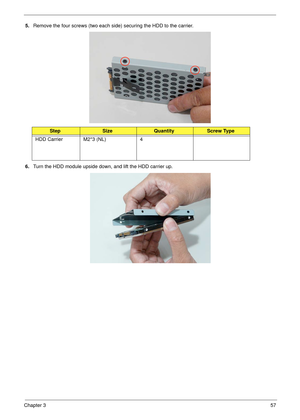 Page 67Chapter 357
5.Remove the four screws (two each side) securing the HDD to the carrier.
6.Turn the HDD module upside down, and lift the HDD carrier up.
StepSizeQuantityScrew Type
HDD Carrier M2*3 (NL) 4 