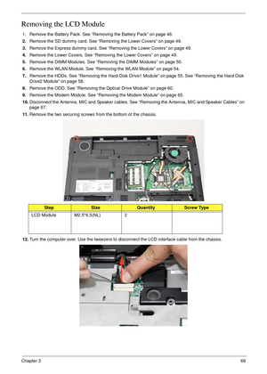 Page 79Chapter 369
Removing the LCD Module
1. Remove the Battery Pack. See “Removing the Battery Pack” on page 46.
2.Remove the SD dummy card. See “Removing the Lower Covers” on page 49.
3.Remove the Express dummy card. See “Removing the Lower Covers” on page 49.
4.Remove the Lower Covers. See “Removing the Lower Covers” on page 49.
5.Remove the DIMM Modules. See “Removing the DIMM Modules” on page 50.
6.Remove the WLAN Module. See “Removing the WLAN Module” on page 54.
7.Remove the HDDs. See “Removing the Hard...