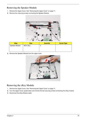 Page 89Chapter 379
Removing the Speaker Module
1. Remove the Upper Cover. See “Removing the Upper Cover” on page 71.
2.Remove four securing screws connecting the Speaker Module.
3.Remove the Speaker Module from the upper cover.
 
Removing the eKey Module
1. Remove the Upper Cover. See “Removing the Upper Cover” on page 71.
2.Turn the Upper Cover upside down and remove the two securing screws connecting the eKey module.
3.Disconnect the eKey Module cable.
StepSizeQuantityScrew Type
Speaker Module M2*6 (NL) 4 