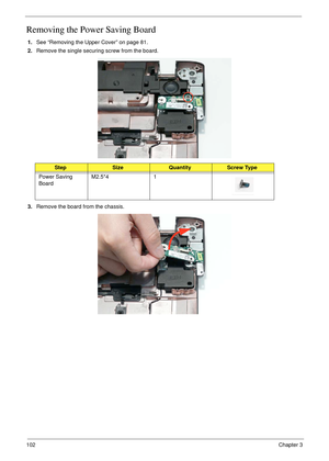 Page 112102Chapter 3
Removing the Power Saving Board
1.See “Removing the Upper Cover” on page 81.
2.Remove the single securing screw from the board.
3.Remove the board from the chassis.
StepSizeQuantityScrew Type
Power Saving 
BoardM2.5*4 1 