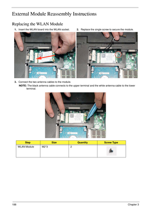 Page 198188Chapter 3
External Module Reassembly Instructions
Replacing the WLAN Module 
1.Insert the WLAN board into the WLAN socket.2.Replace the single screw to secure the module.
3.Connect the two antenna cables to the module.
NOTE: The black antenna cable connects to the upper terminal and the white antenna cable to the lower 
terminal.
StepSizeQuantityScrew Type
WLAN Module M2*3 2 