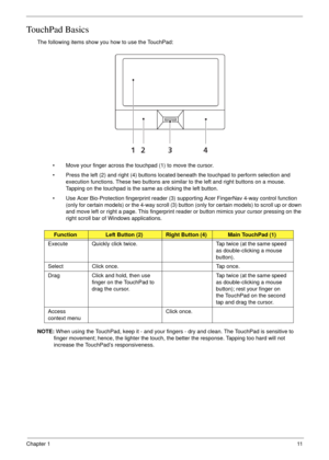 Page 21Chapter 111
TouchPad Basics
The following items show you how to use the TouchPad:
• Move your finger across the touchpad (1) to move the cursor.
• Press the left (2) and right (4) buttons located beneath the touchpad to perform selection and 
execution functions. These two buttons are similar to the left and right buttons on a mouse. 
Tapping on the touchpad is the same as clicking the left button.
• Use Acer Bio-Protection fingerprint reader (3) supporting Acer FingerNav 4-way control function 
(only...