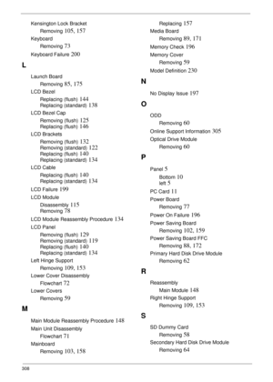 Page 318308
Kensington Lock Bracket
Removing
 105, 157
Keyboard
Removing
 73
Keyboard Failure 200
L
Launch Board
Removing
 85, 175
LCD Bezel
Replacing (flush)
 144
Replacing (standard) 138
LCD Bezel Cap
Removing (flush)
 125
Replacing (flush) 146
LCD Brackets
Removing (flush)
 132
Removing (standard) 122
Replacing (flush) 140
Replacing (standard) 134
LCD Cable
Replacing (flush)
 140
Replacing (standard) 134
LCD Failure 199
LCD Module
Disassembly
 115
Removing 78
LCD Module Reassembly Procedure 134
LCD Panel...