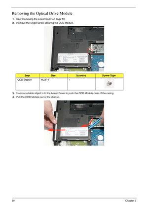 Page 7060Chapter 3
Removing the Optical Drive Module
1.See “Removing the Lower Door” on page 59.
2.Remove the single screw securing the ODD Module.
3.Insert a suitable object in to the Lower Cover to push the ODD Module clear of the casing.
4.Pull the ODD Module out of the chassis.
StepSizeQuantityScrew Type
ODD Module M2.5*4 1 