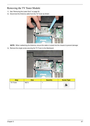 Page 77Chapter 367
Removing the TV Tuner Module
1.See “Removing the Lower Door” on page 59.
2.Disconnect the Antenna cable from the TV Tuner as shown.
NOTE:  When reattaching the Antenna, ensure the cable is tucked into the chassis to prevent damage.
3.Remove the single screw securing the TV Tuner to the Mainboard.
StepSizeQuantityScrew Type
TV Tuner M2*3 1 