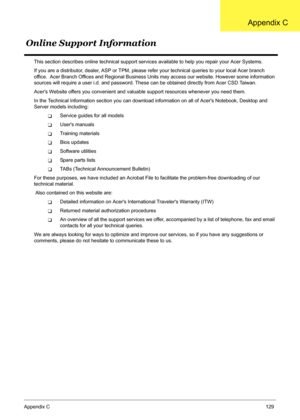 Page 139
Appendix C129
This section describes online technical support services available to help you repair your Acer Systems.
If you are a distributor, dealer, ASP or TPM, please re fer your technical queries to your local Acer branch 
office.  Acer Branch Offices and Regional Business Un its may access our website. However some information 
sources will require a user i.d. and password. Thes e can be obtained directly from Acer CSD Taiwan.
Acers Website offers you convenient and val uable support resources...