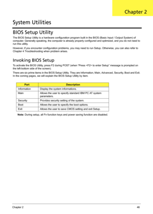 Page 56Chapter 246
BIOS Setup Utility
The BIOS Setup Utility is a hardware configuration program built in the BIOS (Basic Input / Output System) of 
computer. Generally speaking, the computer is already properly configured and optimized, and you do not need to 
run this utility.
However, if you encounter configuration problems, you may need to run Setup. Otherwise, you can also refer to 
Chapter 4 Troubleshooting when problem arises.
Invoking BIOS Setup
To activate the BIOS Utility, press F2 during POST (when...