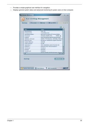 Page 35Chapter 135
•Provides a simple graphical user interface for navigation.
•Displays general system status and advanced monitoring for power users on Acer computer. 