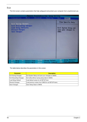 Page 5858Chapter 2
Exit
The Exit screen contains parameters that help safeguard and protect your computer from unauthorized use.
The table below describes the parameters in this screen.
ParameterDescription
Exit Saving Changes Exit System Setup and save your changes to CMOS.
Exit Discarding Changes Exit utility without saving setup data to CMOS.
Load Setup Default Load default values for all SETUP item.
Discard Changes Load previous values from CMOS for all SETUP items.
Save Changes Save Setup Data to CMOS. 