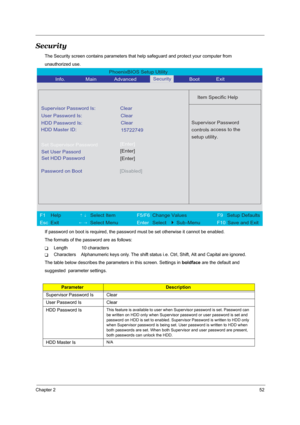 Page 59Chapter 252
Security
The Security screen contains parameters that help safeguard and protect your computer from 
unauthorized use.
If password on boot is required, the password must be set otherwise it cannot be enabled.
The formats of the password are as follows:
TLength           10 characters
TCharacters    Alphanumeric keys only. The shift status i.e. Ctrl, Shift, Alt and Capital are ignored.
The table below describes the parameters in this screen. Settings in boldface are the default and 
suggested...