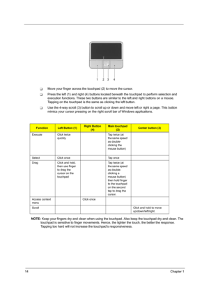 Page 2214Chapter 1
TMove your finger across the touchpad (2) to move the cursor. 
TPress the left (1) and right (4) buttons located beneath the touchpad to perform selection and 
execution functions. These two buttons are similar to the left and right buttons on a mouse. 
Tapping on the touchpad is the same as clicking the left button.
TUse the 4-way scroll (3) button to scroll up or down and move left or right a page. This button 
mimics your cursor pressing on the right scroll bar of Windows applications....