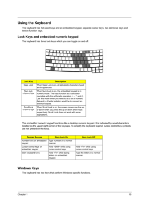 Page 23Chapter 115
Using the Keyboard
The keyboard has full-sized keys and an embedded keypad, separate cursor keys, two Windows keys and 
twelve function keys.
Lock Keys and embedded numeric keypad
The keyboard has three lock keys which you can toggle on and off.
The embedded numeric keypad functions like a desktop numeric keypad. It is indicated by small characters 
located on the upper right corner of the keycaps. To simplify the keyboard legend, cursor-control key symbols 
are not printed on the keys....