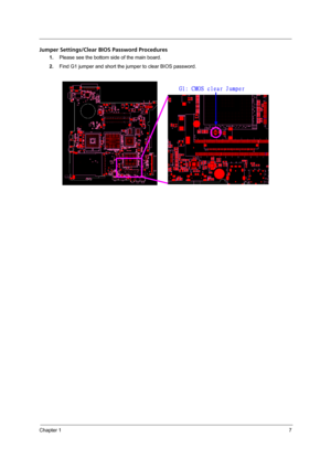 Page 15Chapter 17
Jumper Settings/Clear BIOS Password Procedures
1.Please see the bottom side of the main board. 
2.Find G1 jumper and short the jumper to clear BIOS password.
G1: CMOS clear Jumper  
