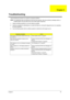 Page 87Chapter 479
Use the following procedure as a guide for computer problems.
NOTE: The diagnostic tests are intended to test only Acer products. Non-Acer products, prototype cards, or 
modified options can give false errors and invalid system responses.
1.Obtain the failing symptoms in as much detail as possible.
2.Verify the symptoms by attempting to re-create the failure by running the diagnostic test or by repeating 
the same operation.
3.Use the following table with the verified symptom to determine...
