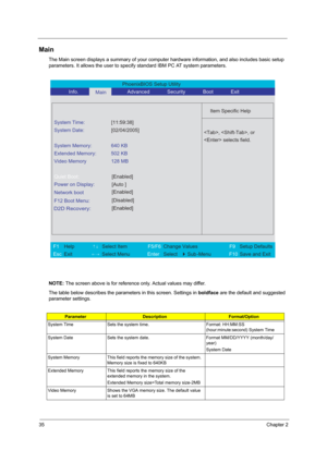 Page 4135Chapter 2
Main
The Main screen displays a summary of your computer hardware information, and also includes basic setup 
parameters. It allows the user to specify standard IBM PC AT system parameters.
NOTE: The screen above is for reference only. Actual values may differ.
The table below describes the parameters in this screen. Settings in boldface are the default and suggested 
parameter settings.
ParameterDescriptionFormat/Option
System Time Sets the system time. Format: HH:MM:SS 
(hour:minute:second)...