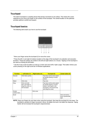 Page 22Chapter 117
Touchpad
The built-in touchpad is a pointing device that senses movement on its surface. This means the cursor 
responds as you move your finger on the surface of the touchpad. The central location on the palmrest 
provides optimum comfort and suuport.
Touchpad basics
The following items teach you how to use the touchpad: 
* Move your finger across the touchpad (2) to move the cursor.
* Press the left (1) and right (4) buttons located on the edge of the touchpad to do selection and execution...