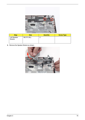 Page 85Chapter 375
4.Remove the Speaker Module as shown.
StepSizeQuantityScrew Type
Left Speaker 
ModuleM2.5*3 (NL) 2 