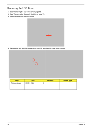 Page 8878Chapter 3
Removing the USB Board
1.See “Removing the Upper Cover” on page 68.
2.See “Removing the Bluetooth Module” on page 77.
3.Remove cable from the USB board.
4.Remove the two securing screws from the USB board and lift clear of the chassis.
StepSizeQuantityScrew Type
TV tuner board M2.5*4 (NL) 2 