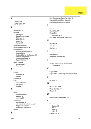 Page 125Index11 7
A
ACPI 1.0a 24
AFLASH Utility 47
B
Battery Pack 53
BIOS 24
package 24
password control 24
ROM size 24
ROM type 24
vendor 24
Ve r s i o n  2 4
BIOS Setup Utility 35
BIOS Supports protocol 24
BIOS Utility 35
Basic System Settings 40
Navigating 36
Onboard Device Configuration 42
Startup Configuration 41
System Information 36
System Security 46
Board Layout 4
Bottom View 5
Top View 4
C
Cache
controller 24
size 24
CardBus 29
CPU
core voltage 24
package 24
type 24
D
DIMM
Combinations 25
external 54...