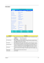 Page 45Chapter 237
Information
ParameterDescription
Floppy Disk Drive Shows floppy drive type informaiton. The Floppy Drive status is auto detected by system. 
1.44MB, 3”      If there exists floppy drive.
Not installed           If there is no floppy drive.
IDE1 Model Name Shows the Model name of HDD installed on Primary IDE master. The hard disk model 
name is automatically detected by the system. If there is no hard disk present or unknown 
type, “
None” should be shown on this field.
IDE1 Serial # This...