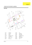 Page 91Chapter 583
To p  V i e w
3-JP19 S-Video Port 41-JP22 RJ11
7-U32 CPU Socket 34-U29 VGA Memory
5-JP20 VGA Port 11-JP30 HDD Connector
31-JP1 Print Port 28-JP31 FDD Connector
37-JP26 ODD Module Connector 9-JP32 Card Reader Connector
2-JP17 Two USB Ports 27-JP29 DIMM Socket
4-JP24 Docking Connector 3-PCN2 Battery Connector
19-JP18 RJ45 29-JP28 Fan Connector
8-JP23 IEEE 1394 Port 38-PCN1 DC-In
Jumper and Connector Locations
Chapter 5 