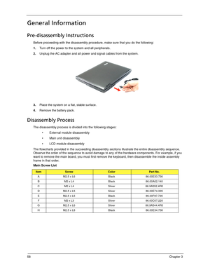 Page 6858Chapter 3
General Information
Pre-disassembly Instructions
Before proceeding with the disassembly procedure, make sure that you do the following:
1.Turn off the power to the system and all peripherals.
2.Unplug the AC adapter and all power and signal cables from the system. 
3.Place the system on a flat, stable surface. 
4.Remove the battery pack.
Disassembly Process
The disassembly process is divided into the following stages:
 External module disassembly
 Main unit disassembly
 LCD module...