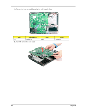 Page 10292Chapter 3
21.Remove the three screws (B) securing the main board in place. 
22.Carefully remove the main board. 
StepSize (Quantity)ColorTo r q u e
1~3 M2 x L4 (3) Silver 1.6 kgf-cm 